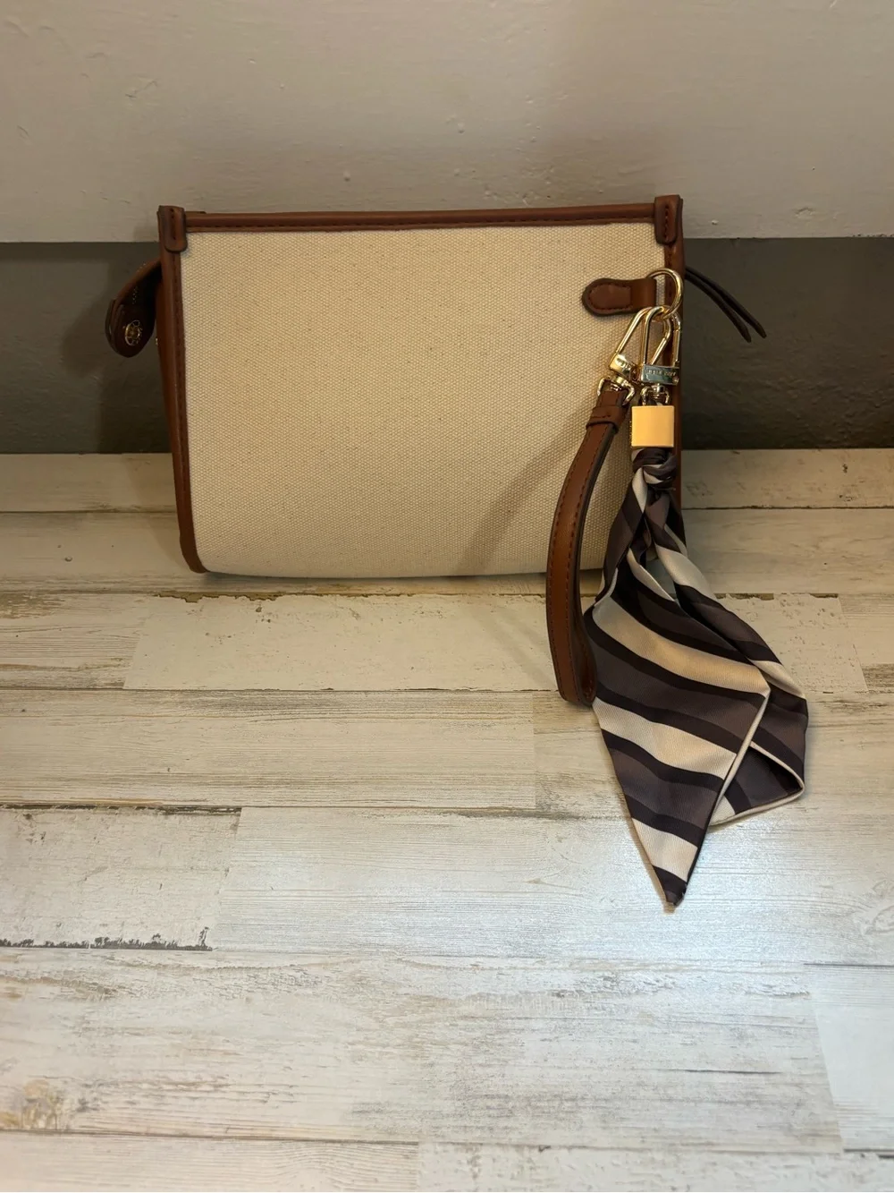 Anne Klein Cream Canvas Cosmetic Case with Brown Trim